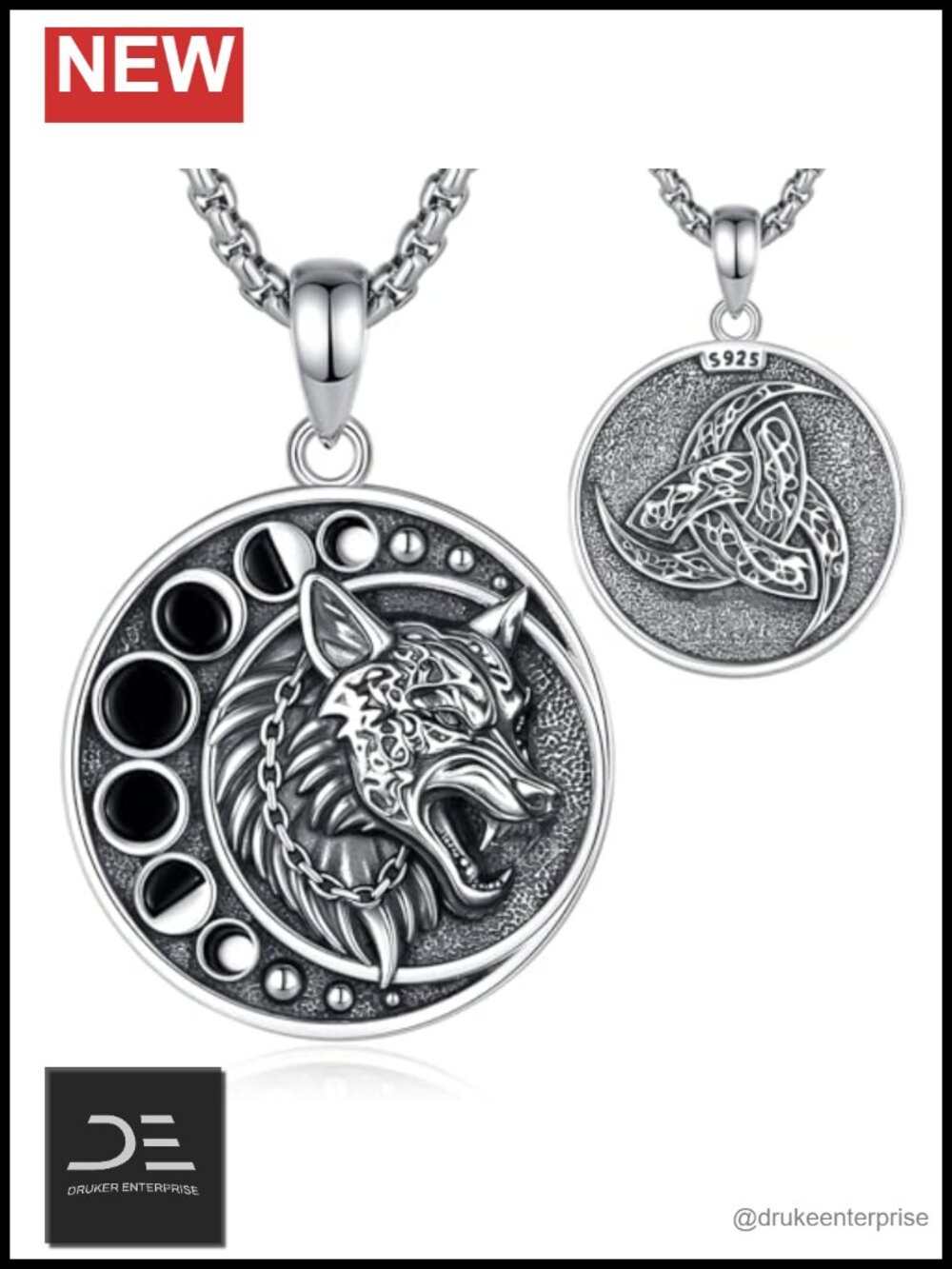 Women's Sterling Silver Wolf Moon Pendant Viking Triskele Oxidized Vintage